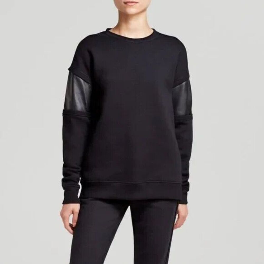RAG & BONE Lira Sweatshirt Women XS Black Lambskin Leather Panel Fleece Pullover